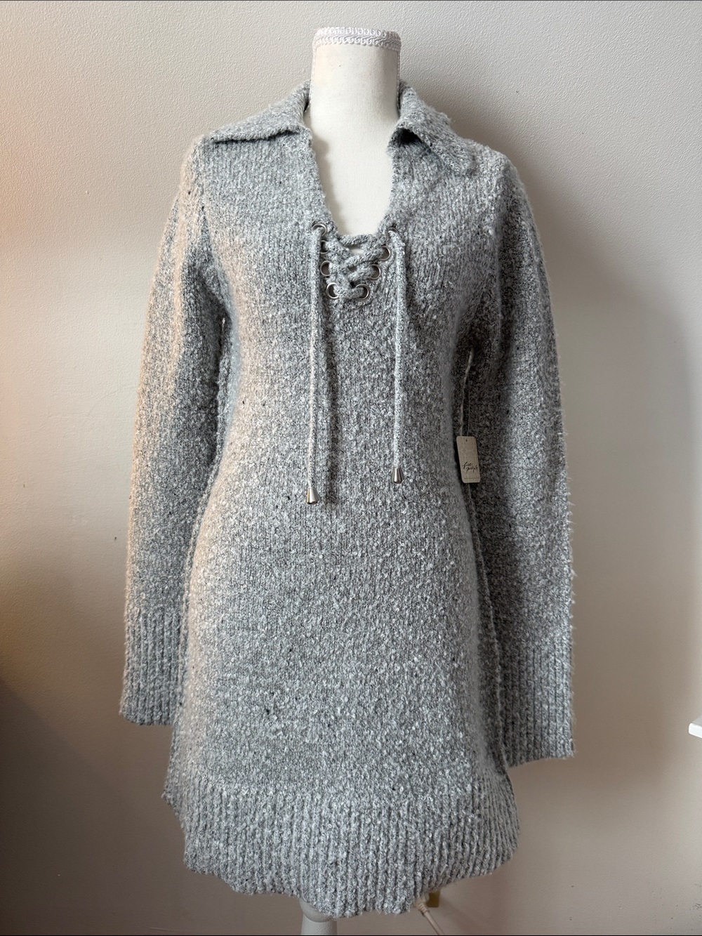 Free People Gray Knit Lace-Up Mini Dress - Picture 4 of 9